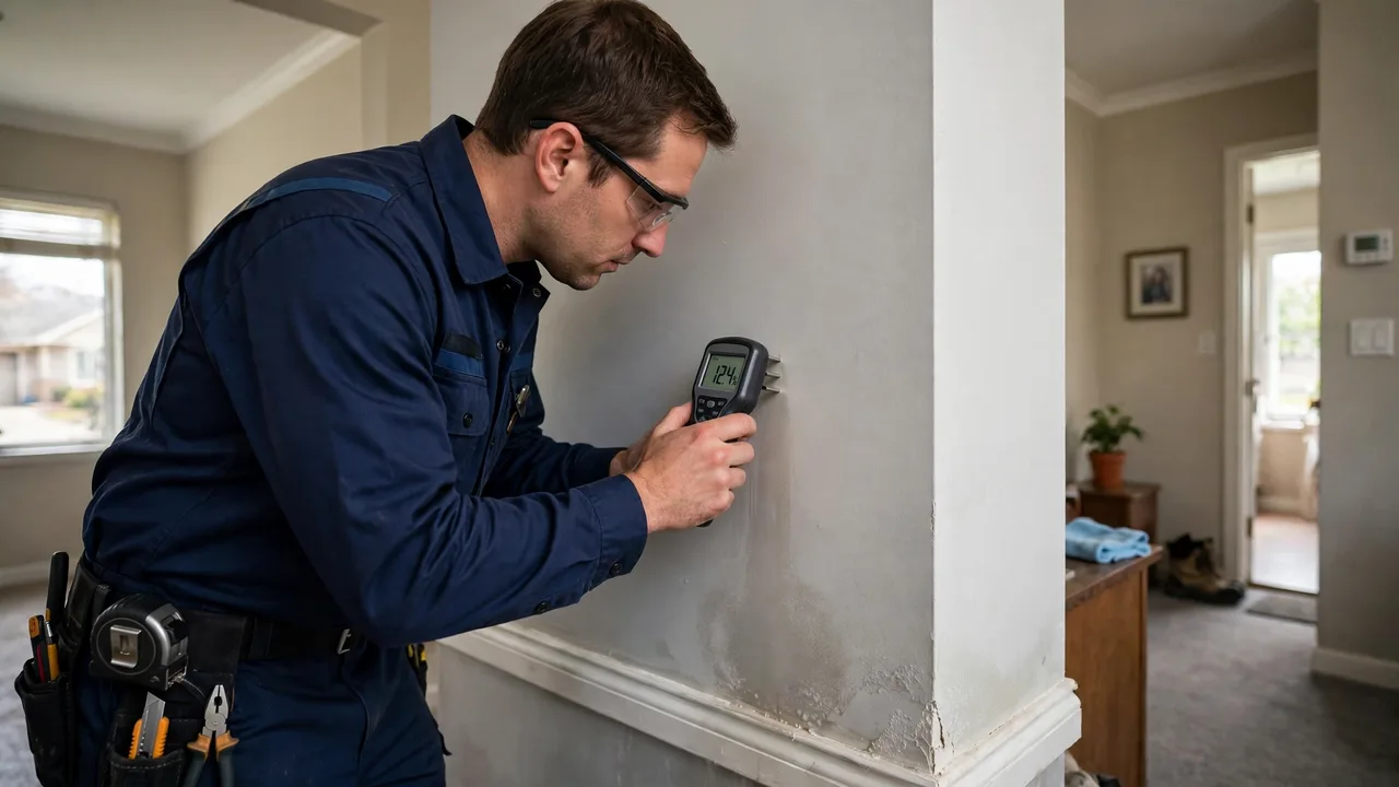 Water damage restoration in Warner Robins, GA - technician checking moisture in a wall