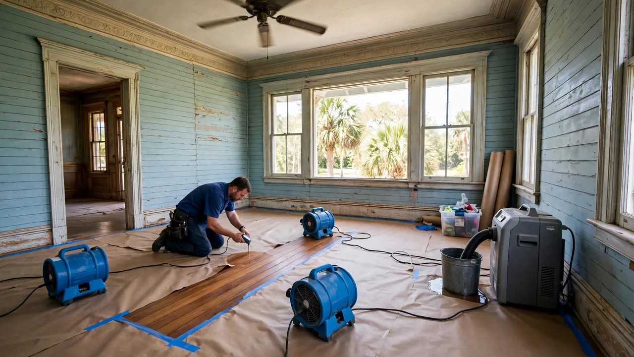 Water damage restoration in West Palm Beach, FL - structural drying equipment set up in a home
