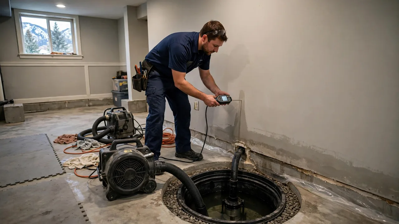 Water damage restoration in Westminster, CO - technician checking moisture in a wall