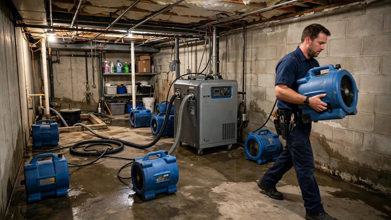 Water damage restoration in Wichita, KS - structural drying equipment set up in a home