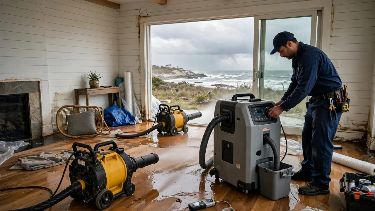 Water damage restoration in Wilmington, NC - structural drying equipment set up in a home