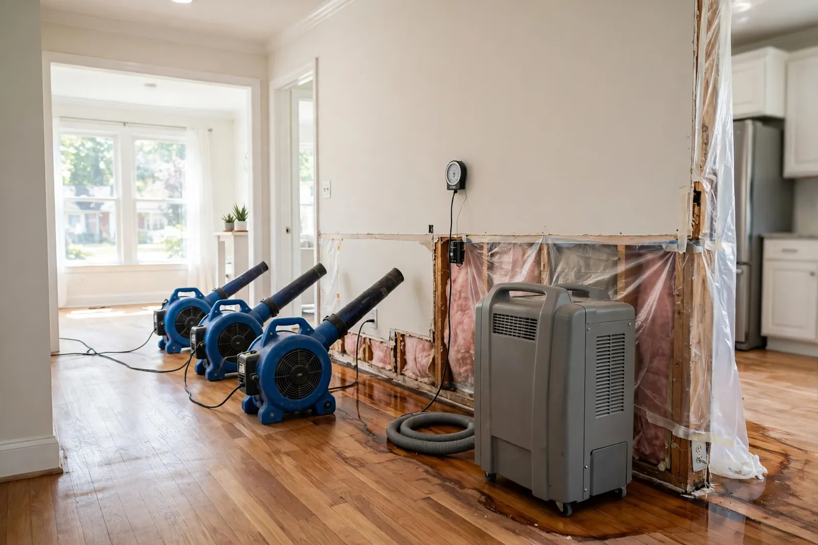 Structural drying equipment drying a home after water damage