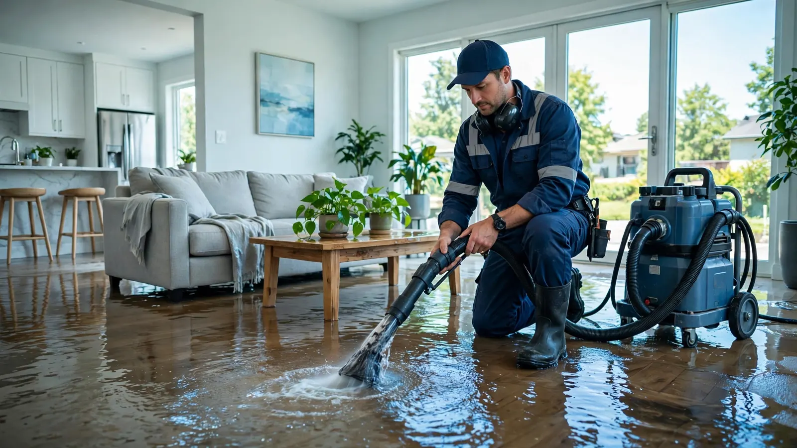 Water damage restoration pro extracting water from a flooded living room